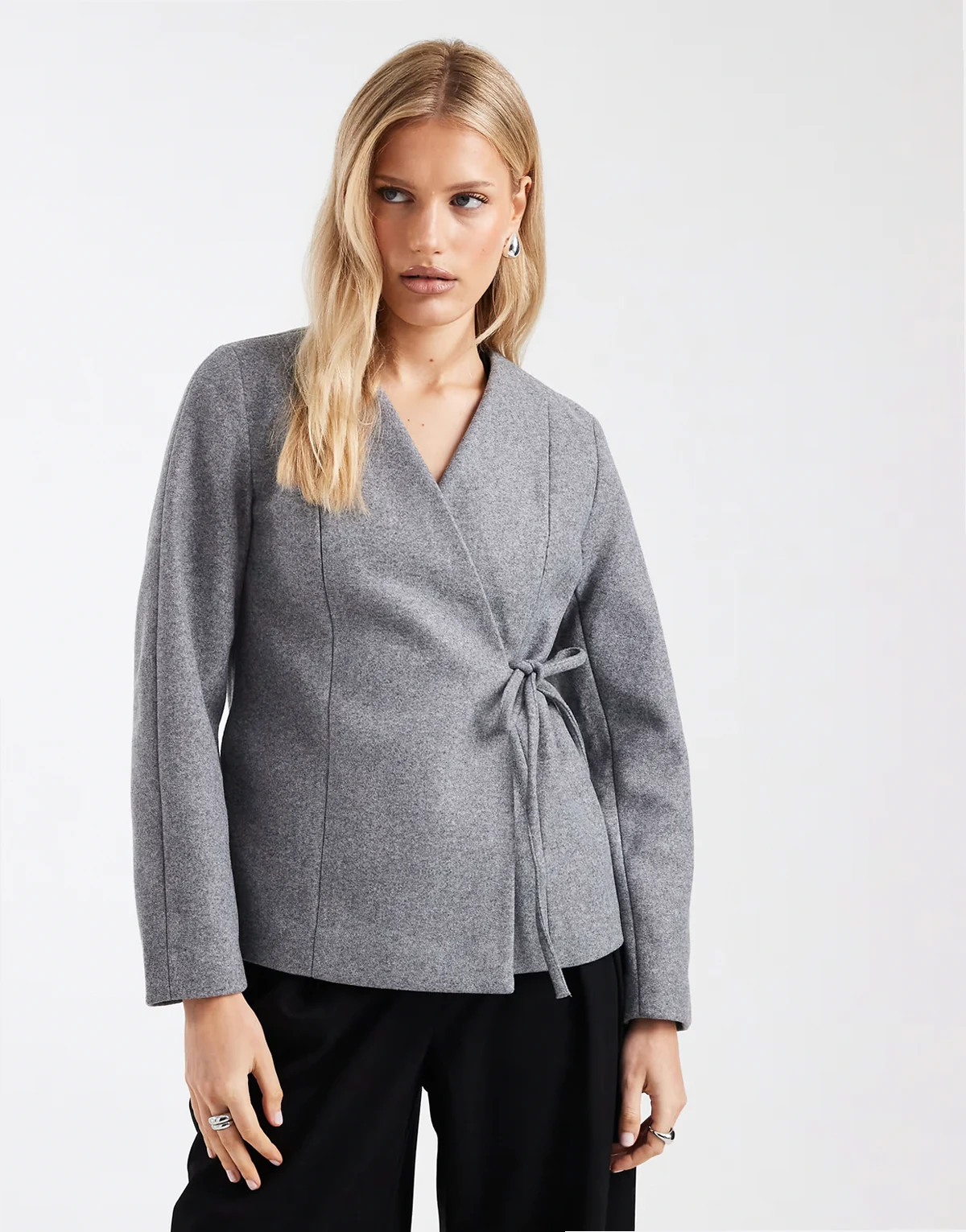 wrap around side tie structured jacket in gray