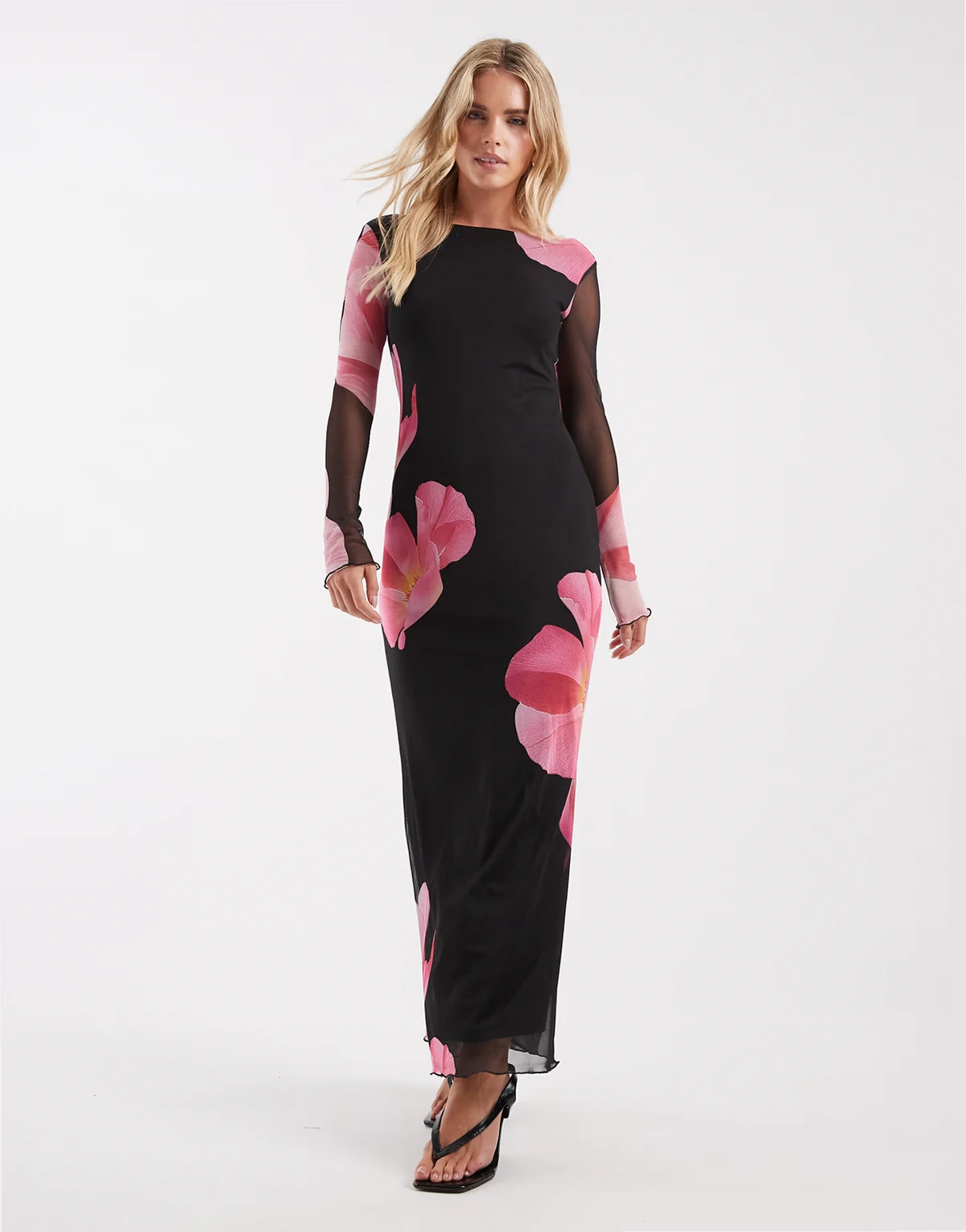 long sleeve mesh maxi dress in black with overblown floral