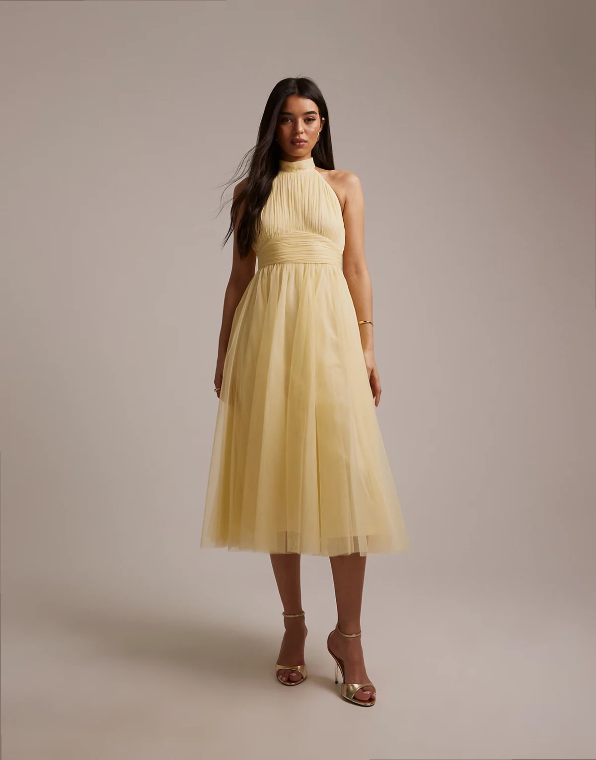 Bridesmaid tulle high neck midi dress in lemon