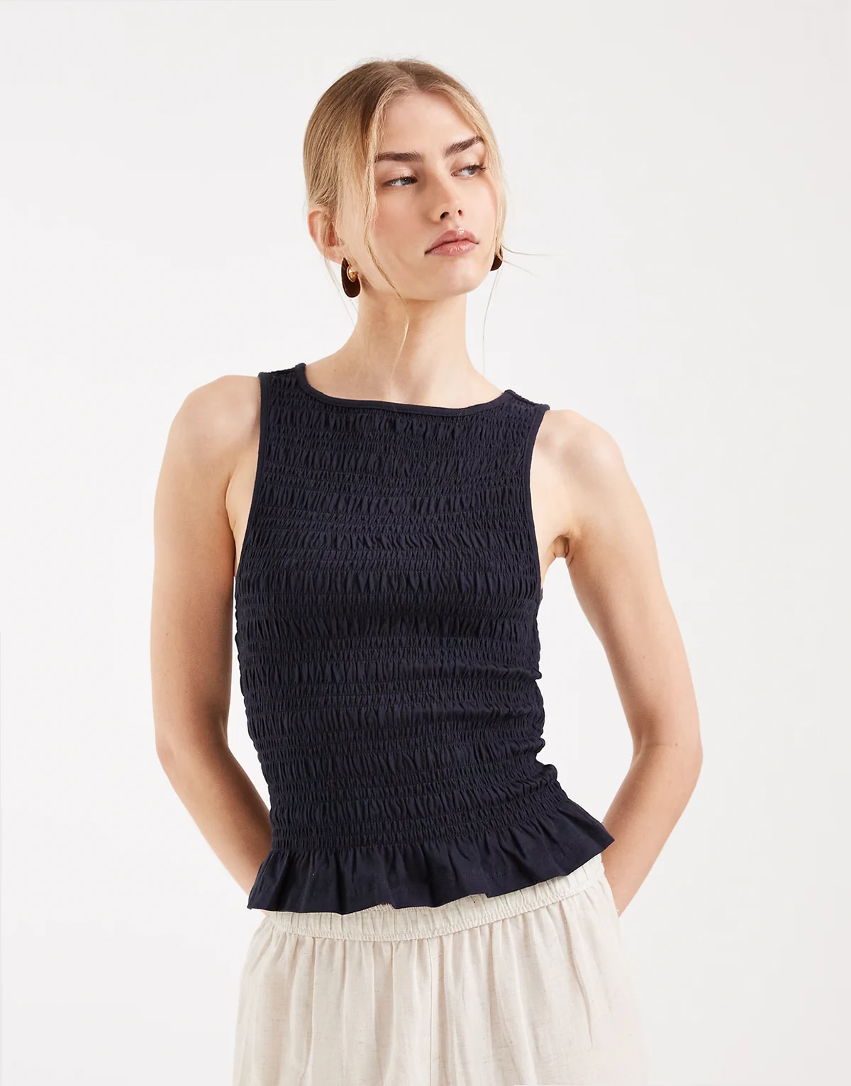 sleeveless shirred smock top in navy