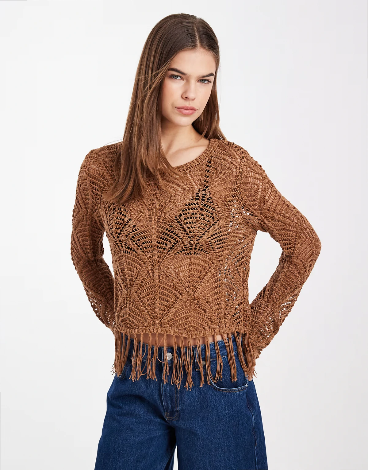 boho fringe detailing crochet top in brown