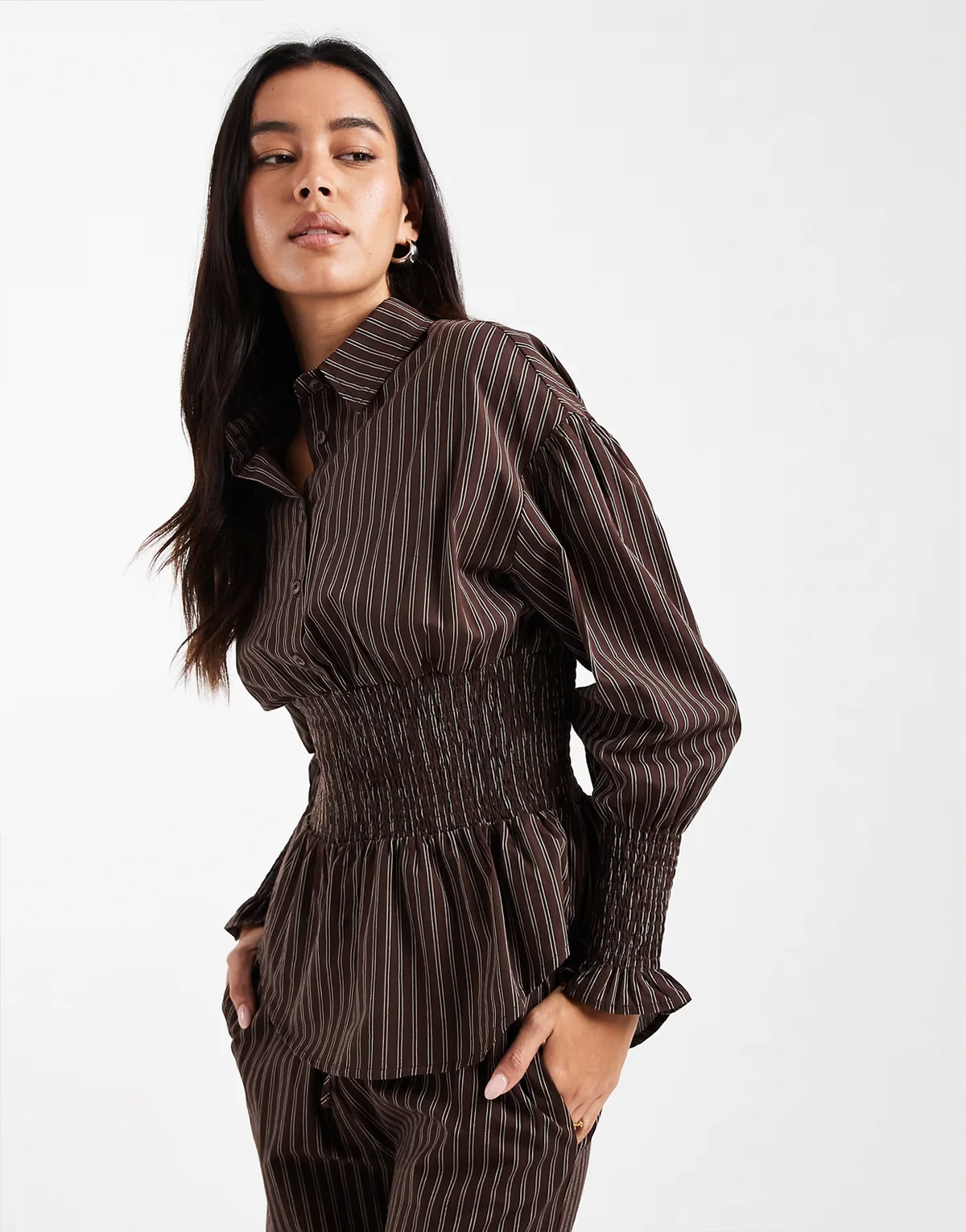 shirred cinched-in waist shirt in brown stripes - part of a set