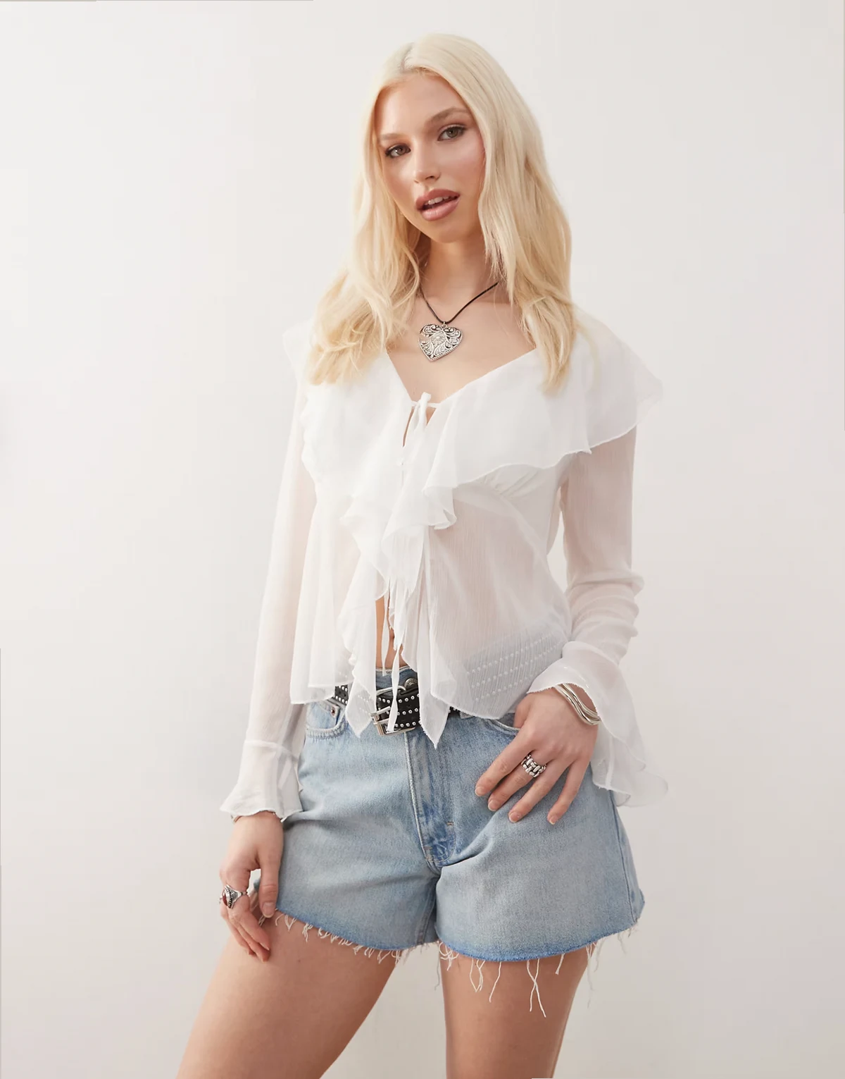 tie front boho blouse with ruffles in white