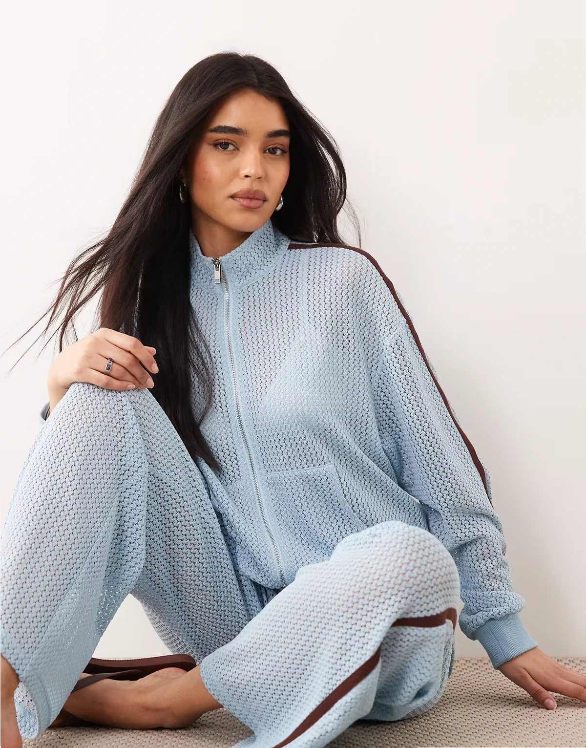 Exclusive crochet zip through contrast stripe track jacket in baby blue and chocolate - part of a set