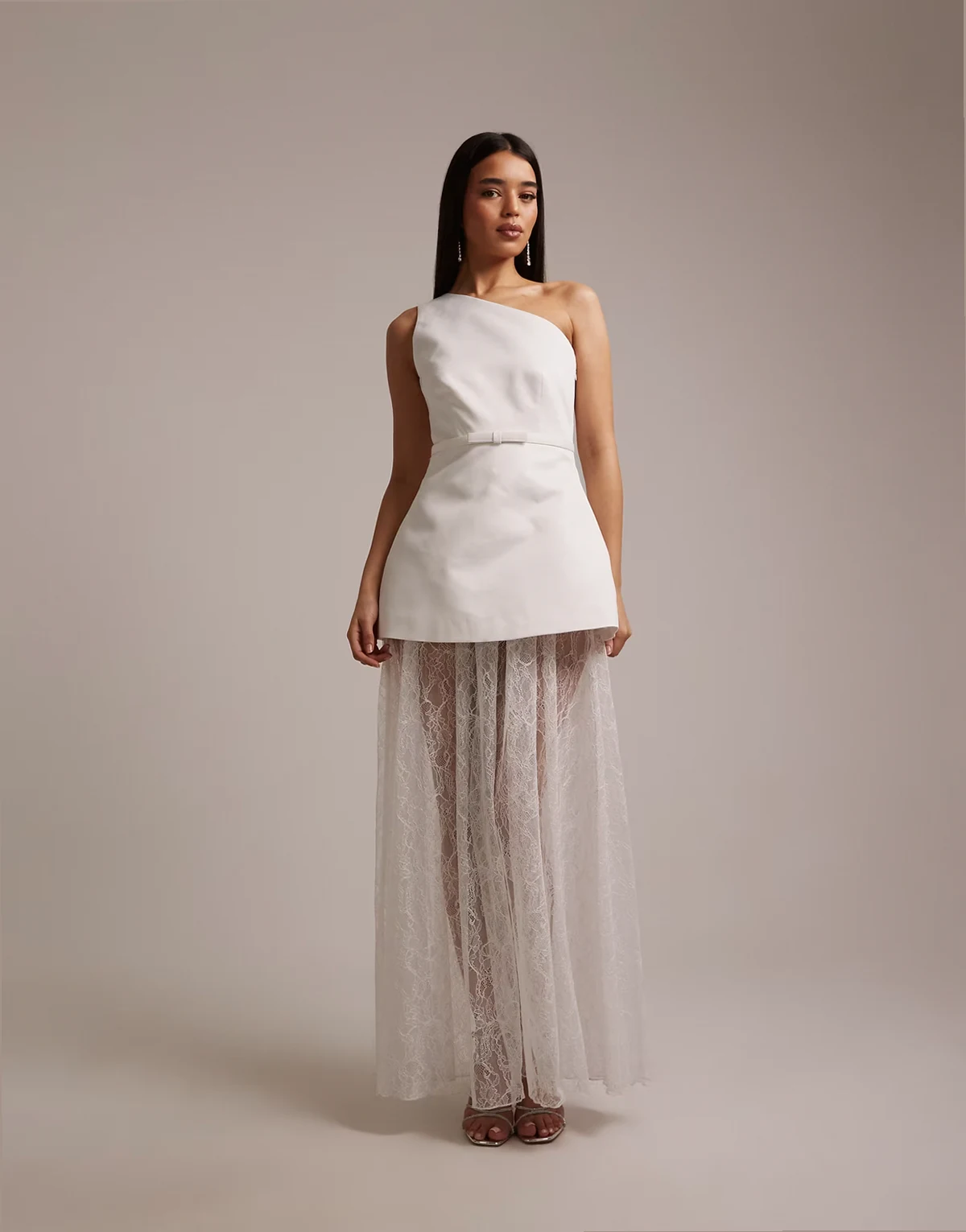 Bridal one shoulder satin and lace mix maxi dress in white
