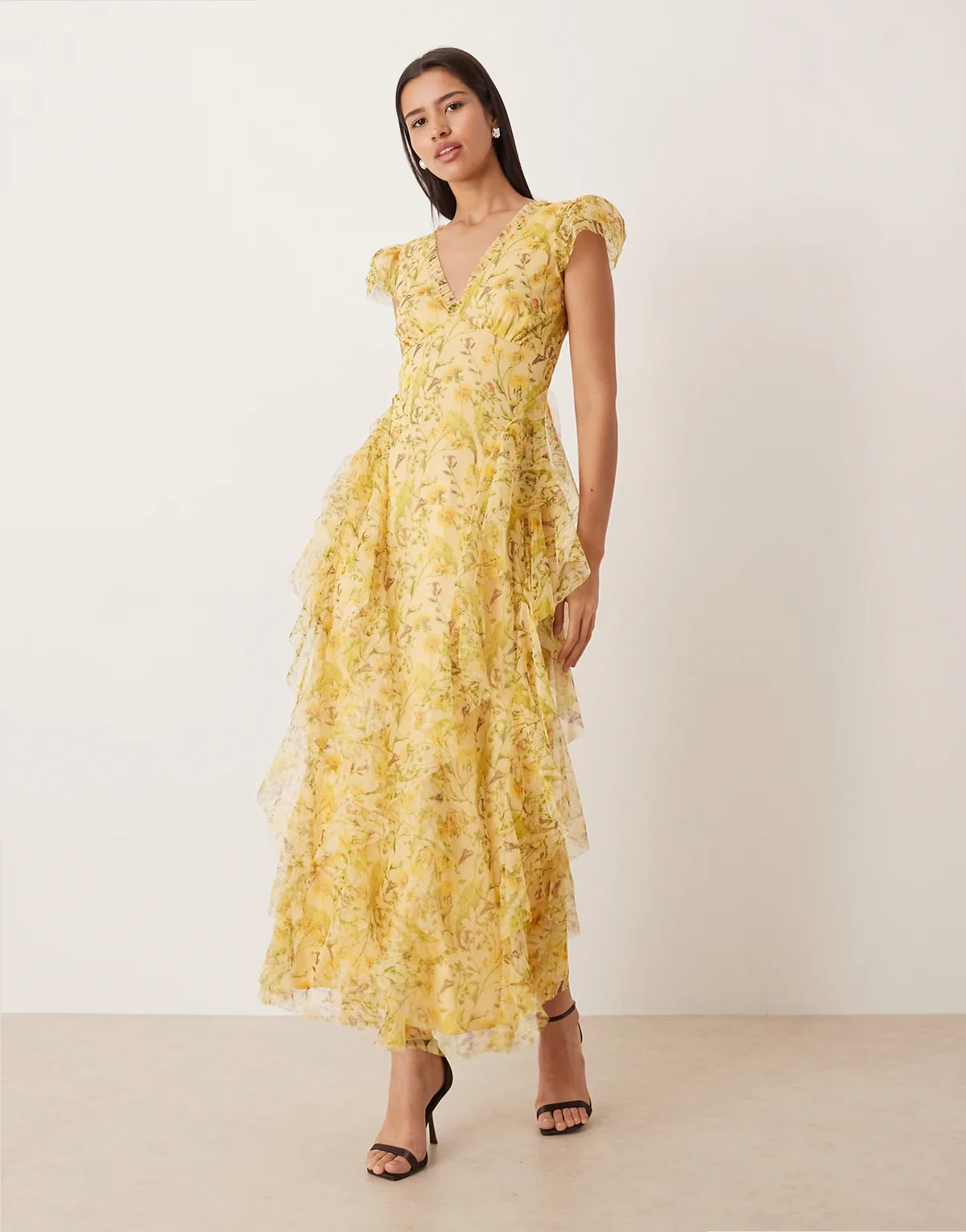 tulle v-neck ruffle frill detailing midaxi dress in yellow floral