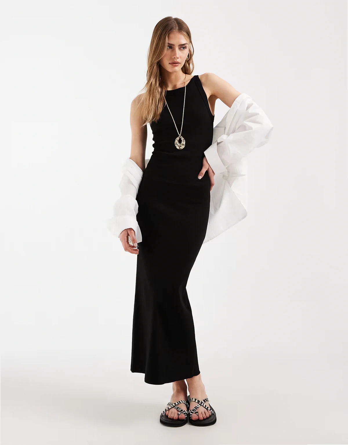 ribbed midi tank dress in black