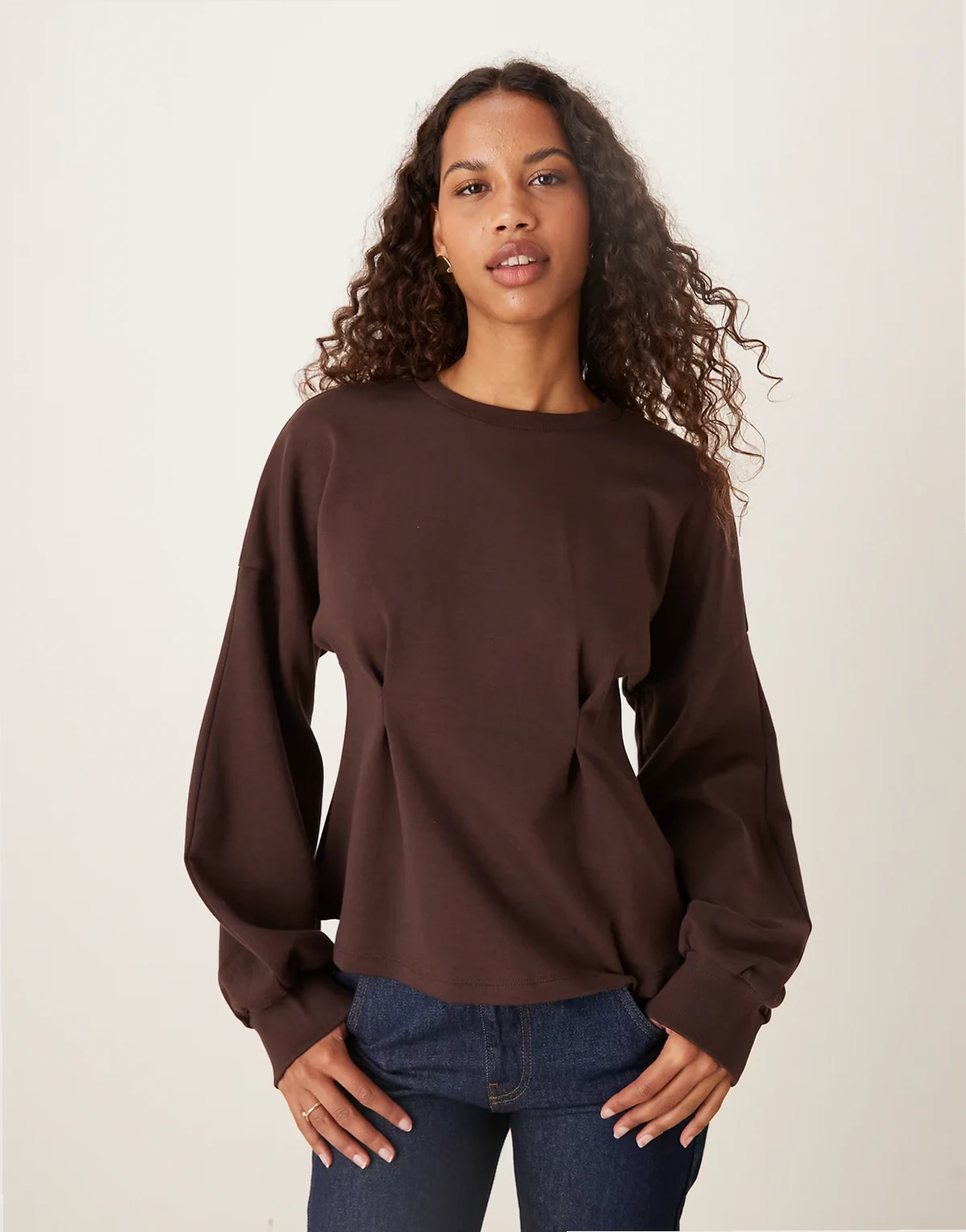 interlock sweatshirt with peplum waist in chocolate