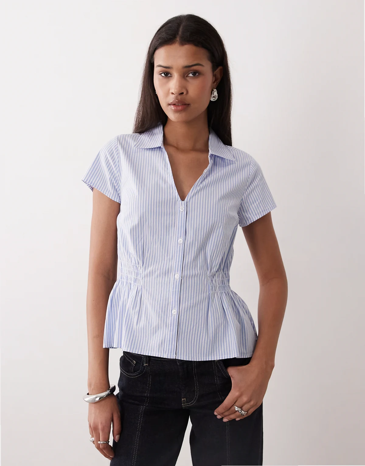 cotton rich cinched waist crinkle blouse in blue and white stripe