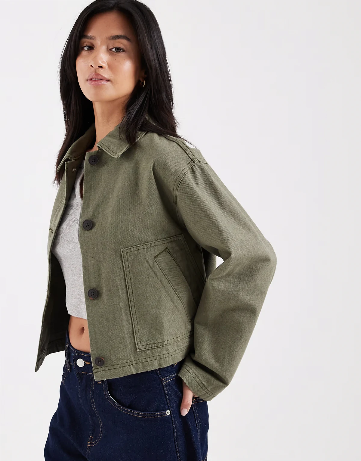 ASOS DESIGN Petite – Kurze Harrington-Jacke aus Baumwolle in Khaki