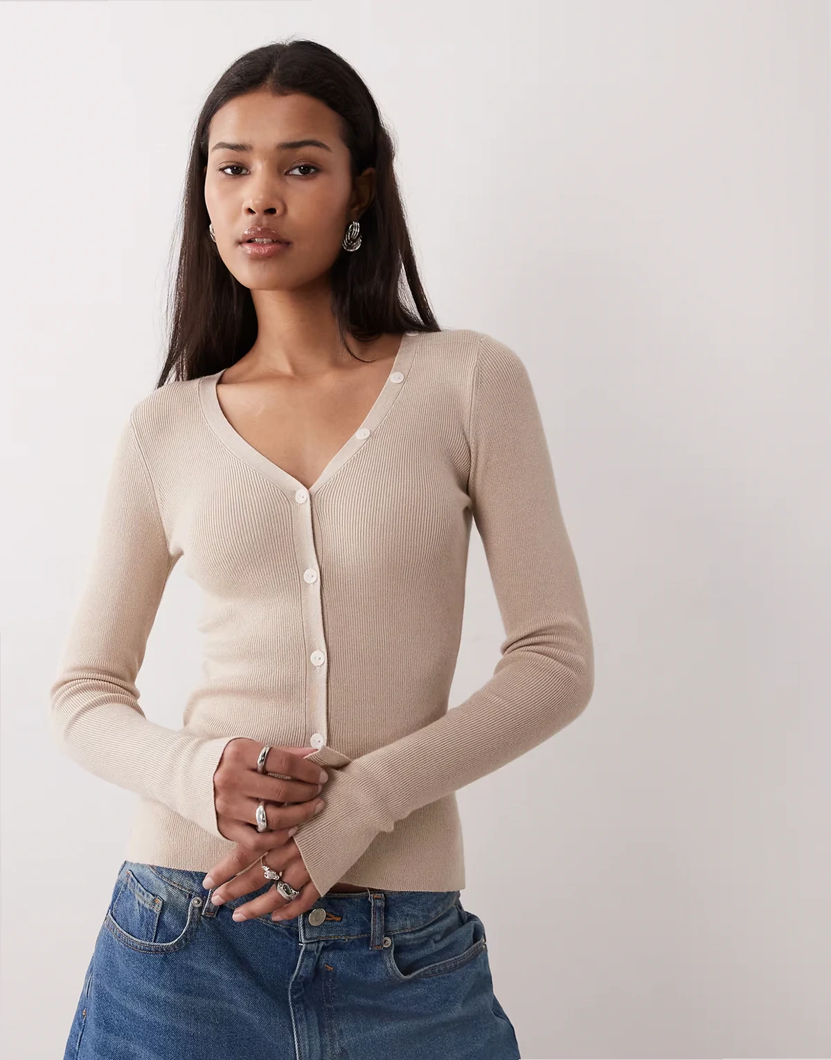 knit v neck cardigan in neutral beige