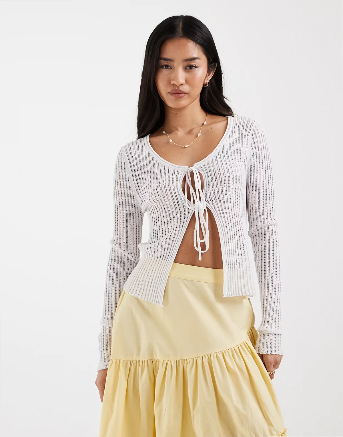 tie front ribbed cardigan in white