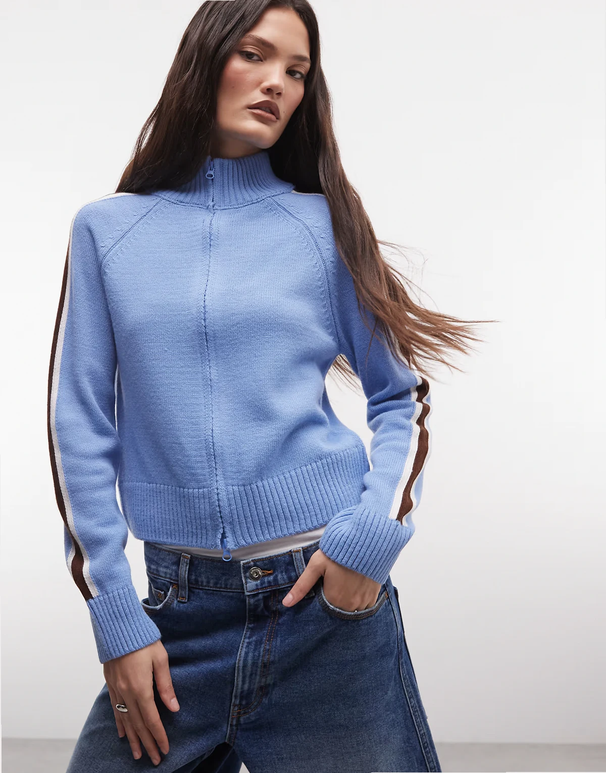 zip up striped funnel neck sweater in blue