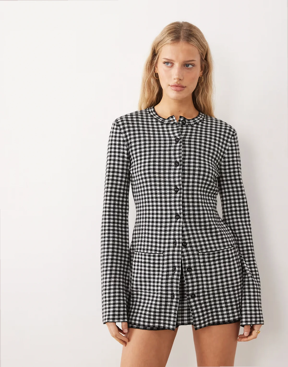 longline knit cardigan in black gingham plaid - part of a set