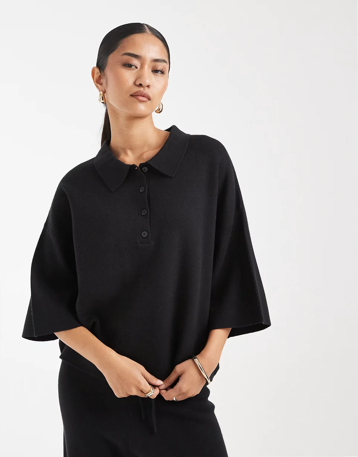 boxy knit polo shirt in black - part of a set