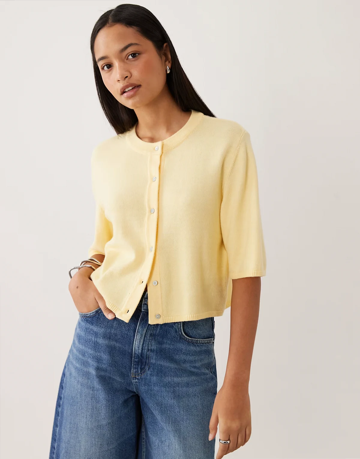 short sleeve knit cardigan in buttermilk