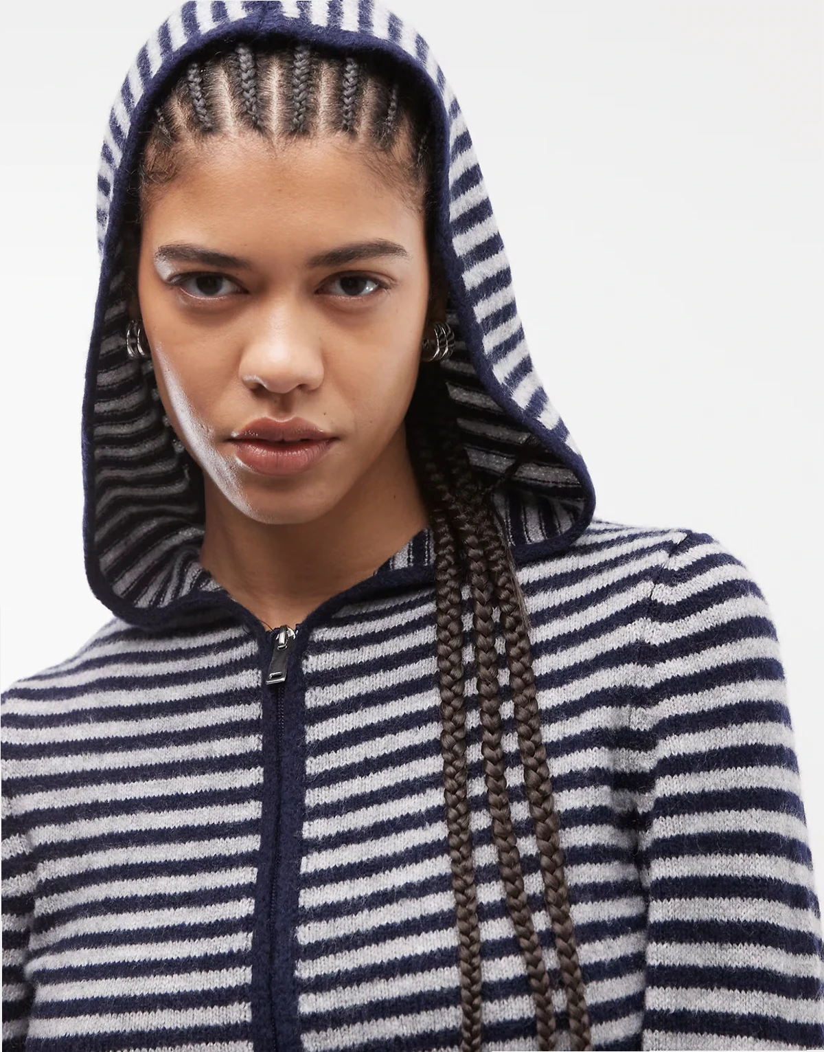 knit zip up hoodie in blue gray stripes