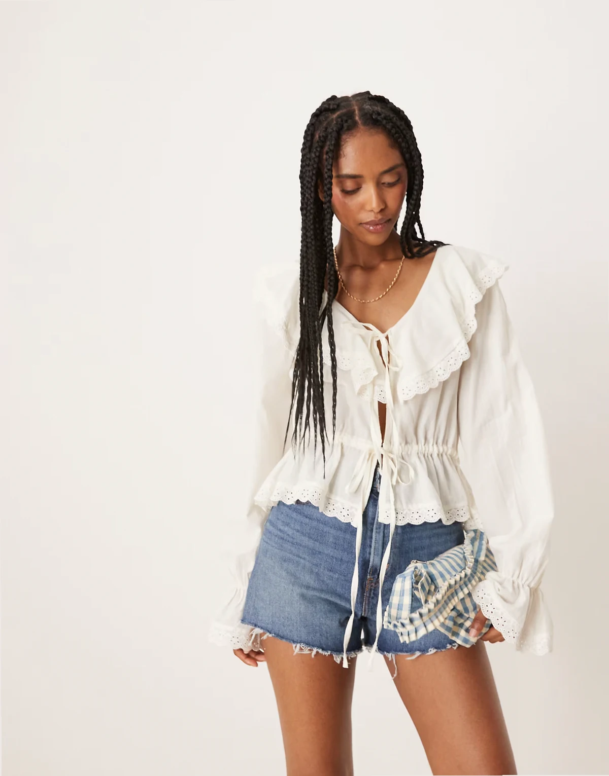 cotton tie front ruffle boho blouse in ivory