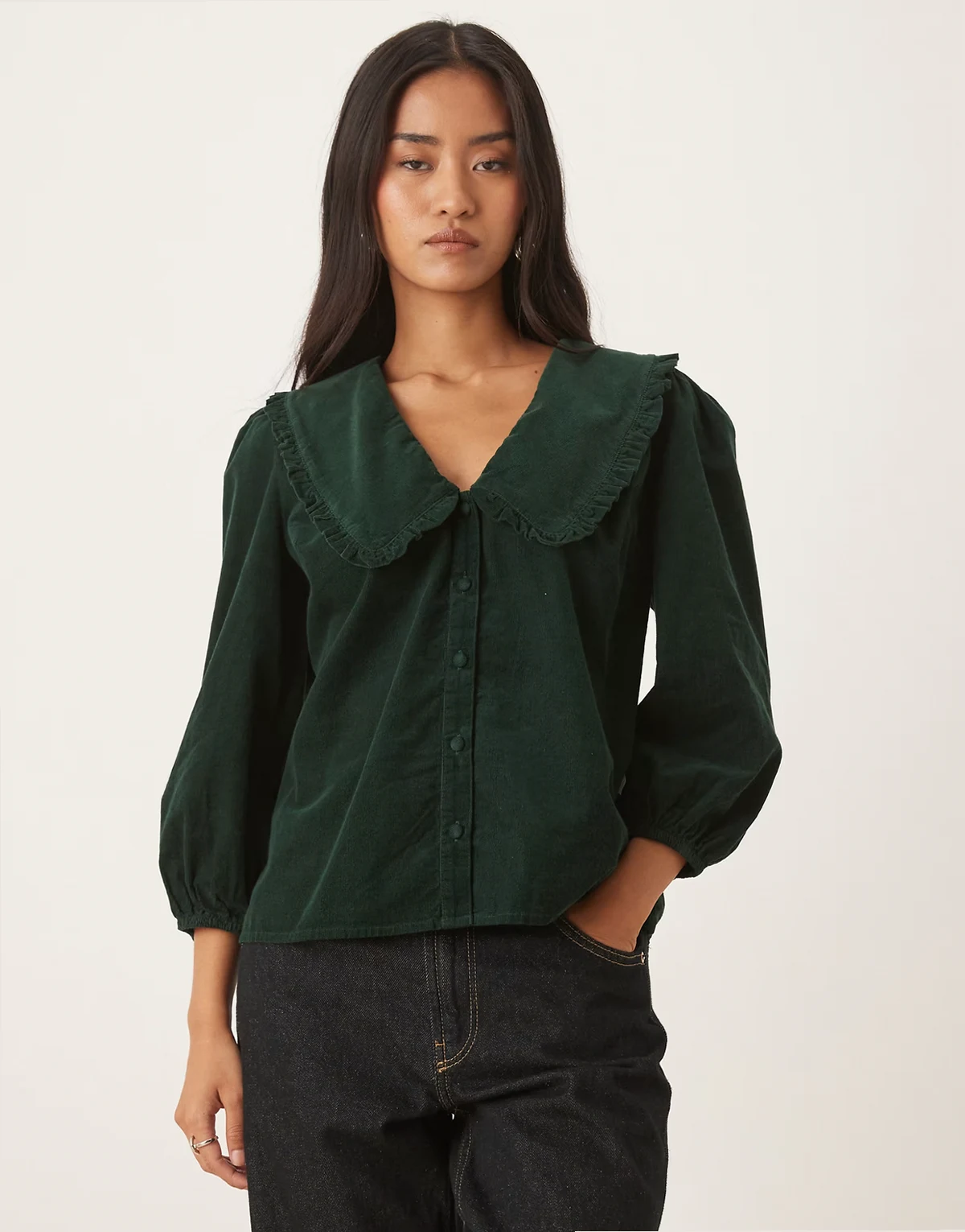 Emmie corduroy blouse with oversized collar in dark green