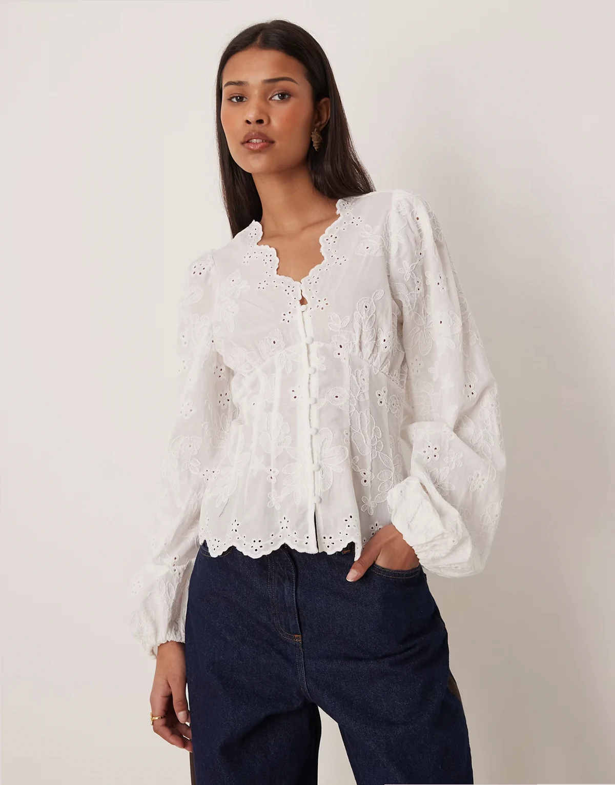 v-neck eyelet blouse in white