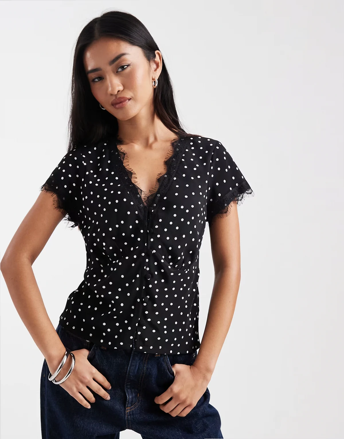 lace trim tea blouse in black polka dot