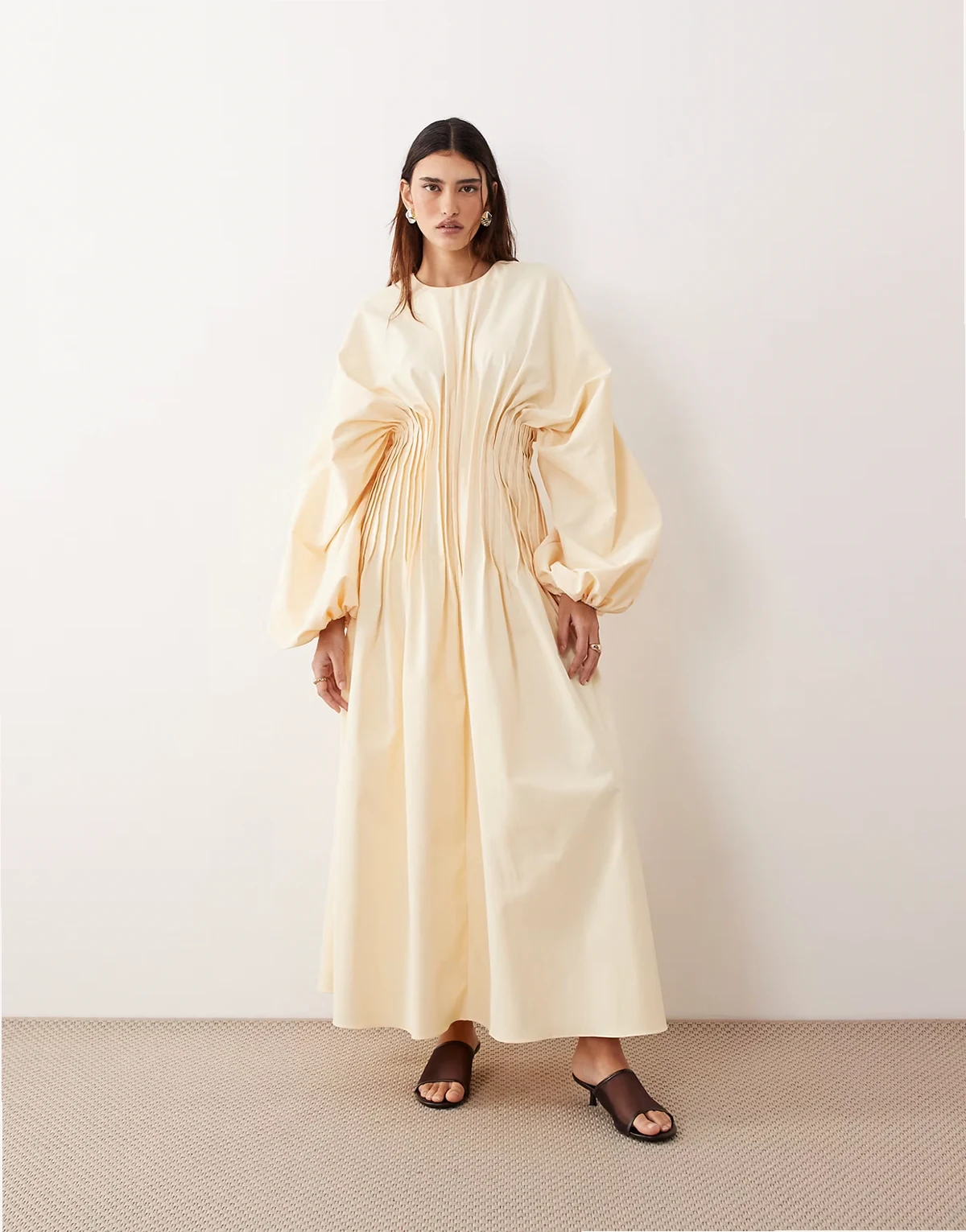 pleated waist long sleeve maxi dress in buttermilk