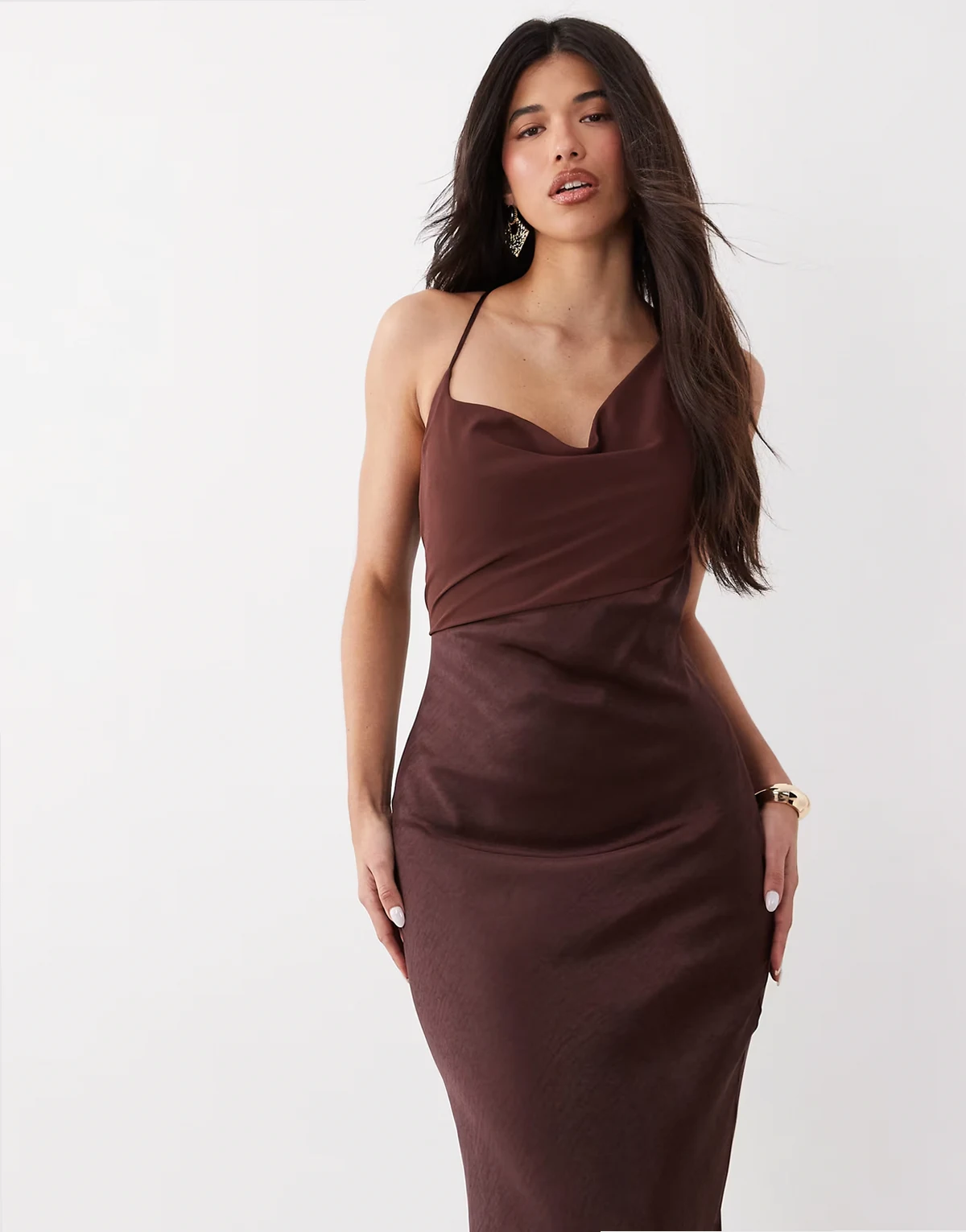 chiffon cowl neck cross back cami satin maxi dress in chocolate