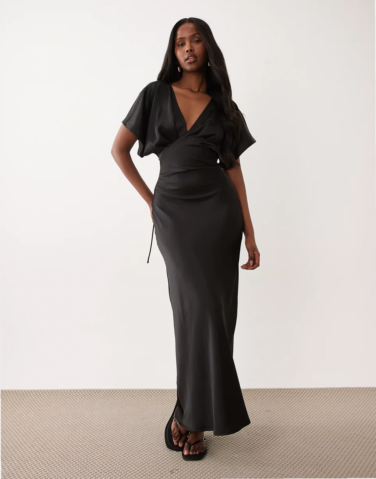 batwing sleeves plunge neck satin maxi dress in black