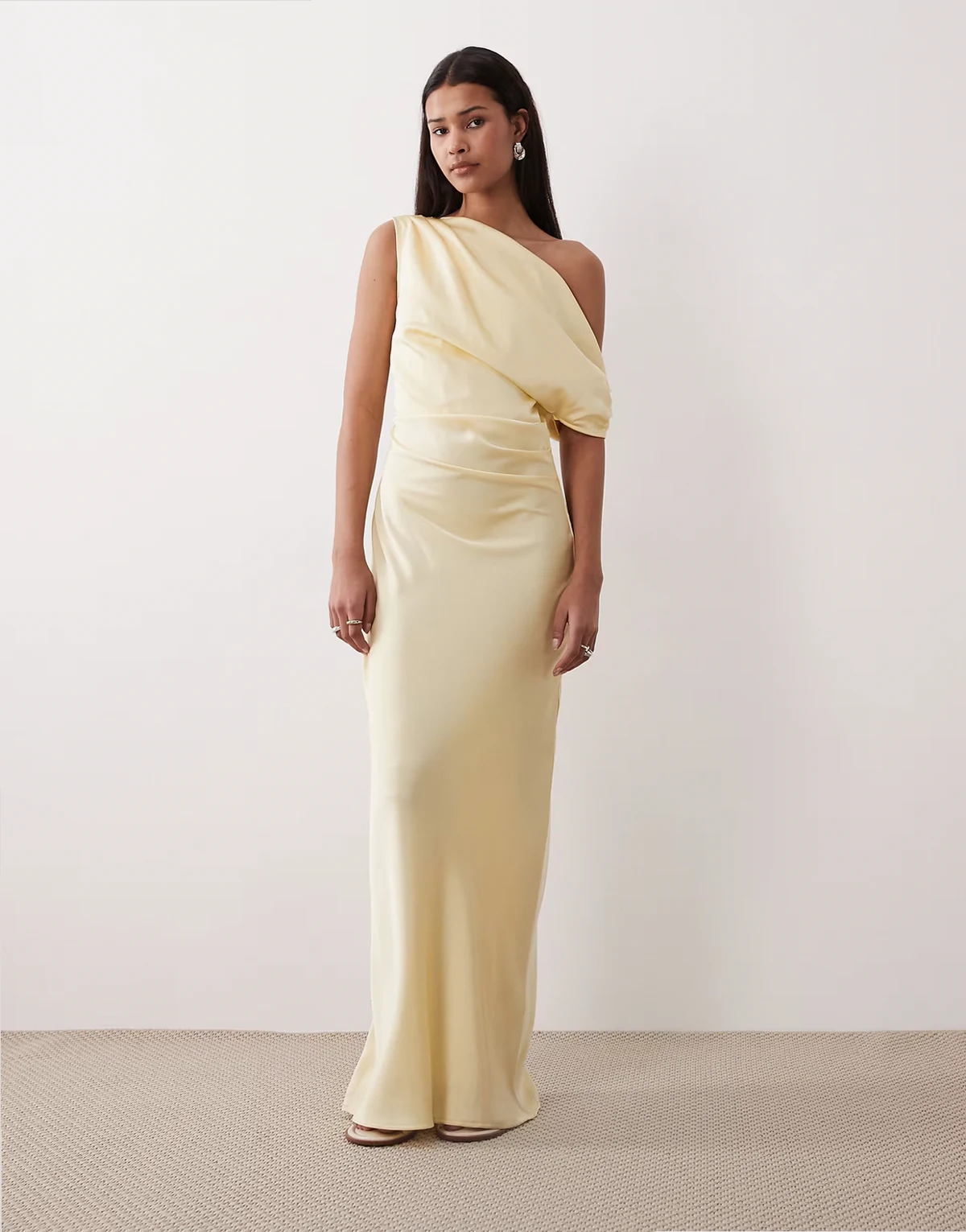 draped satin one shoulder maxi dress in butter yellow