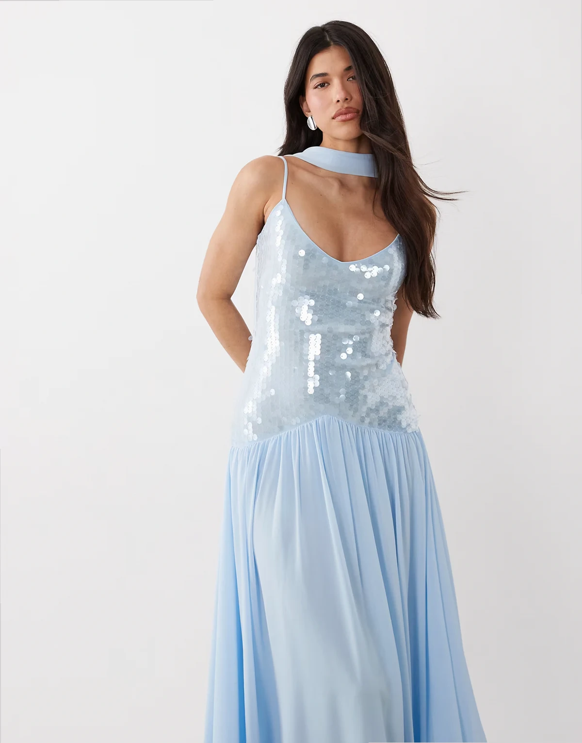 sequined maxi dress in light blue