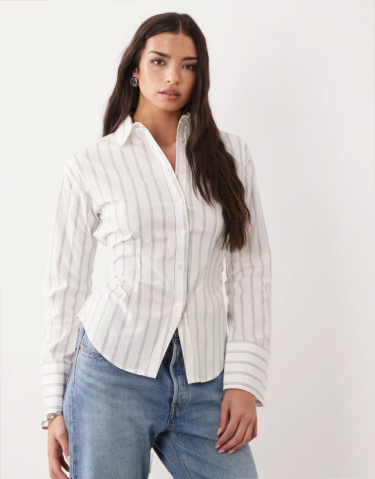 cinched waist long sleeve blouse in white stripe