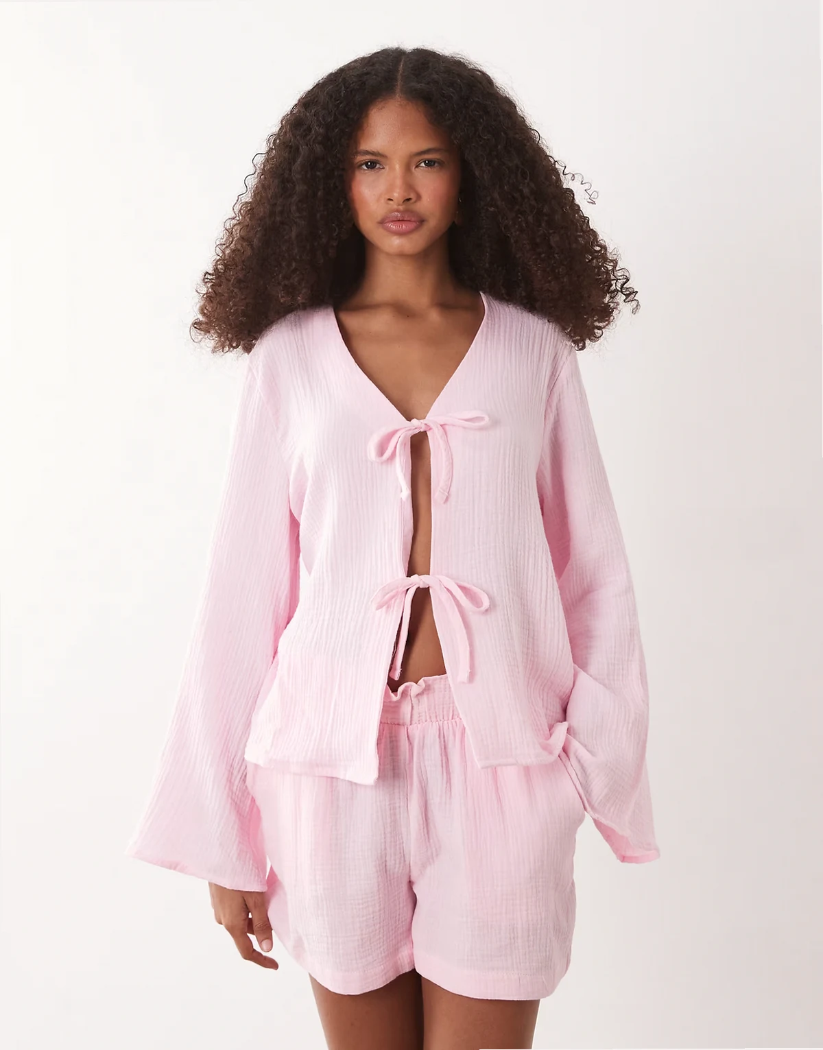 tie front cheesecloth shirt in pink - part of a set