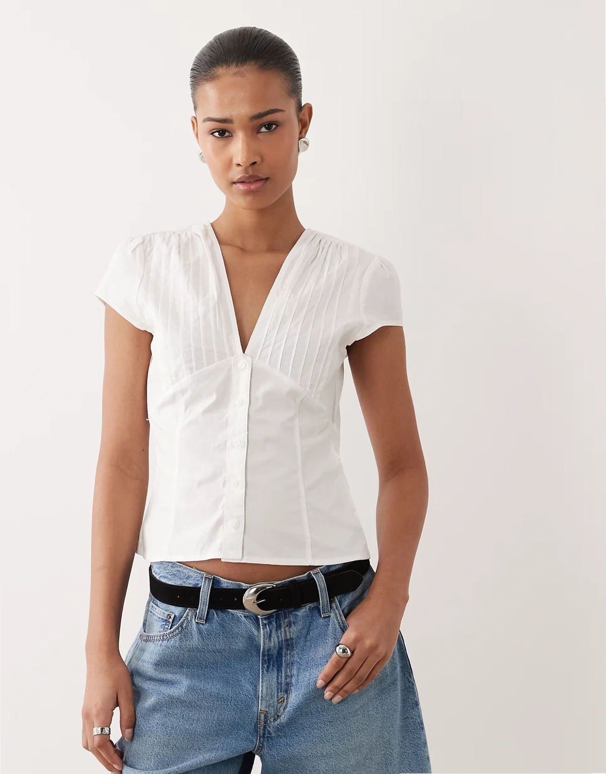 cotton rich v neck short sleeve blouse in white