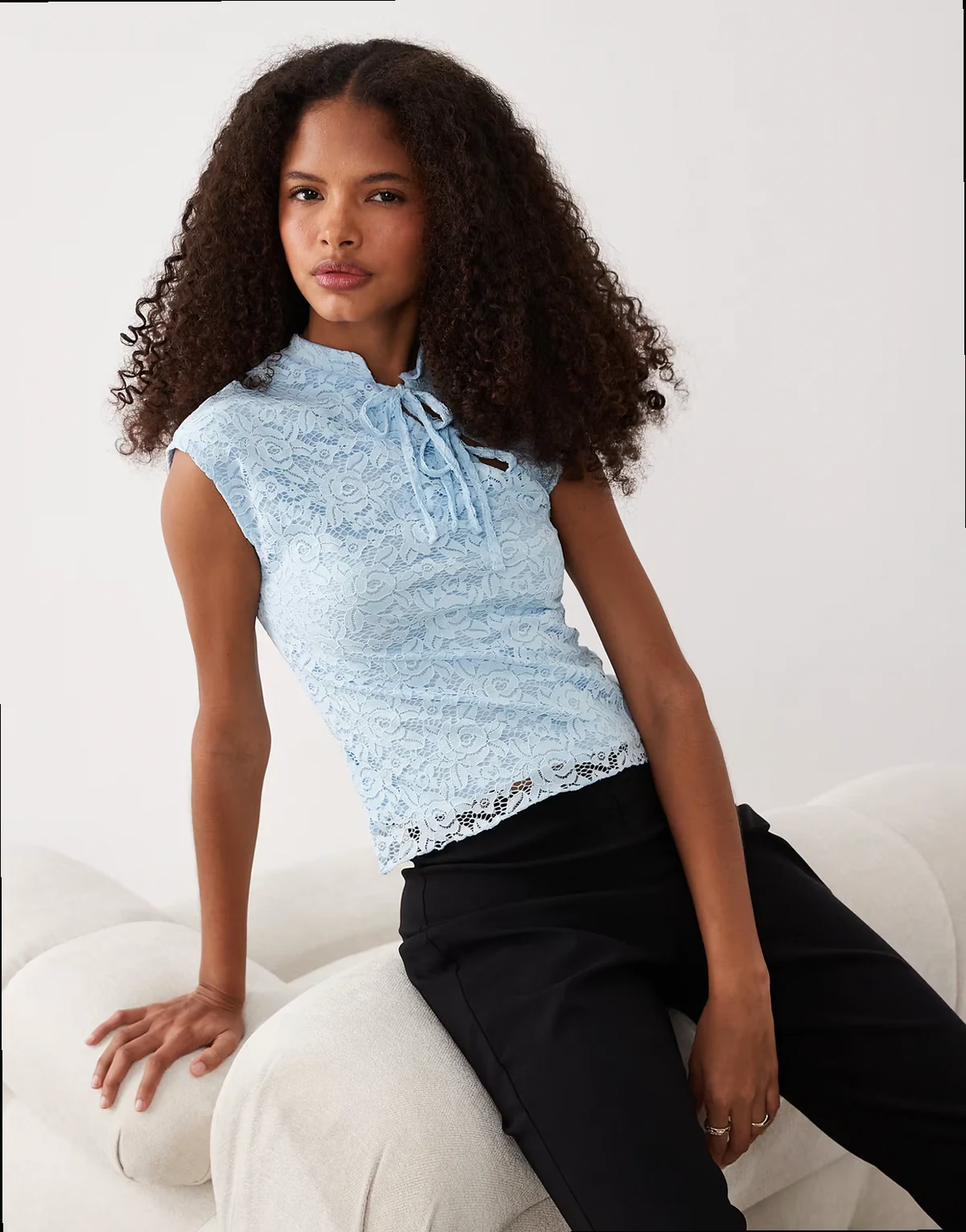 lace top with tie-up mandarin collar in blue