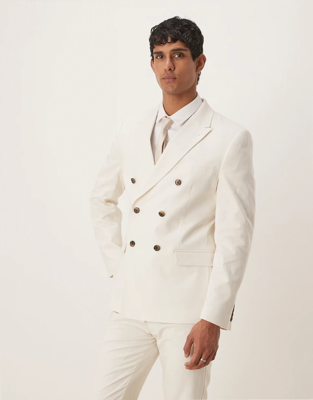 linen blend double breasted slim suit jacket in ecru