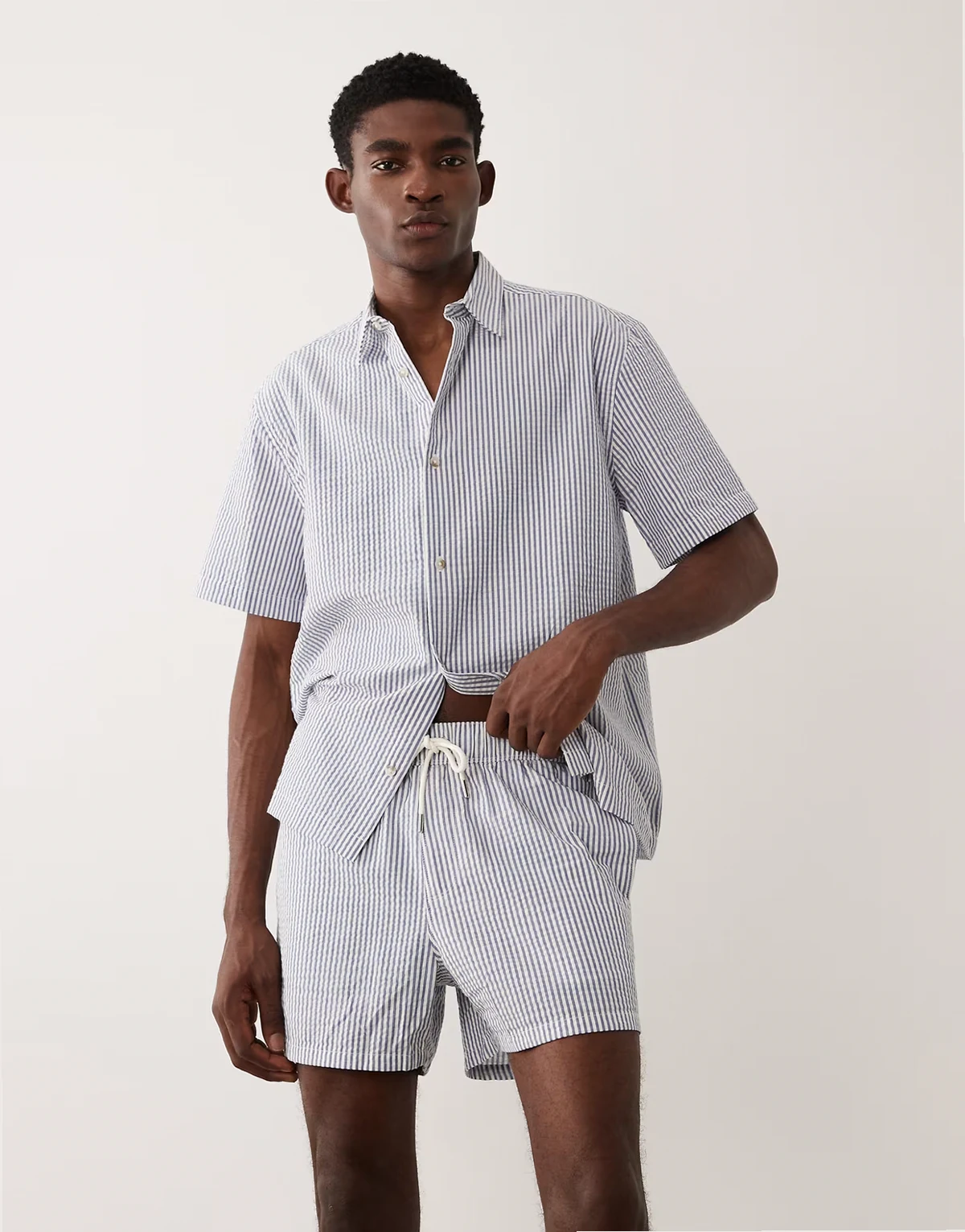seersucker swim shorts in short length in navy stripe - part of a set