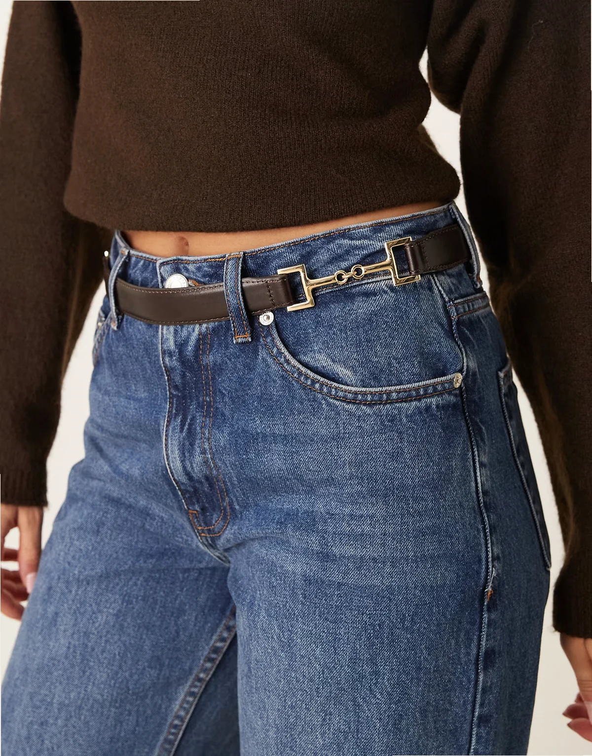 leather mix chain detail belt in chocolate