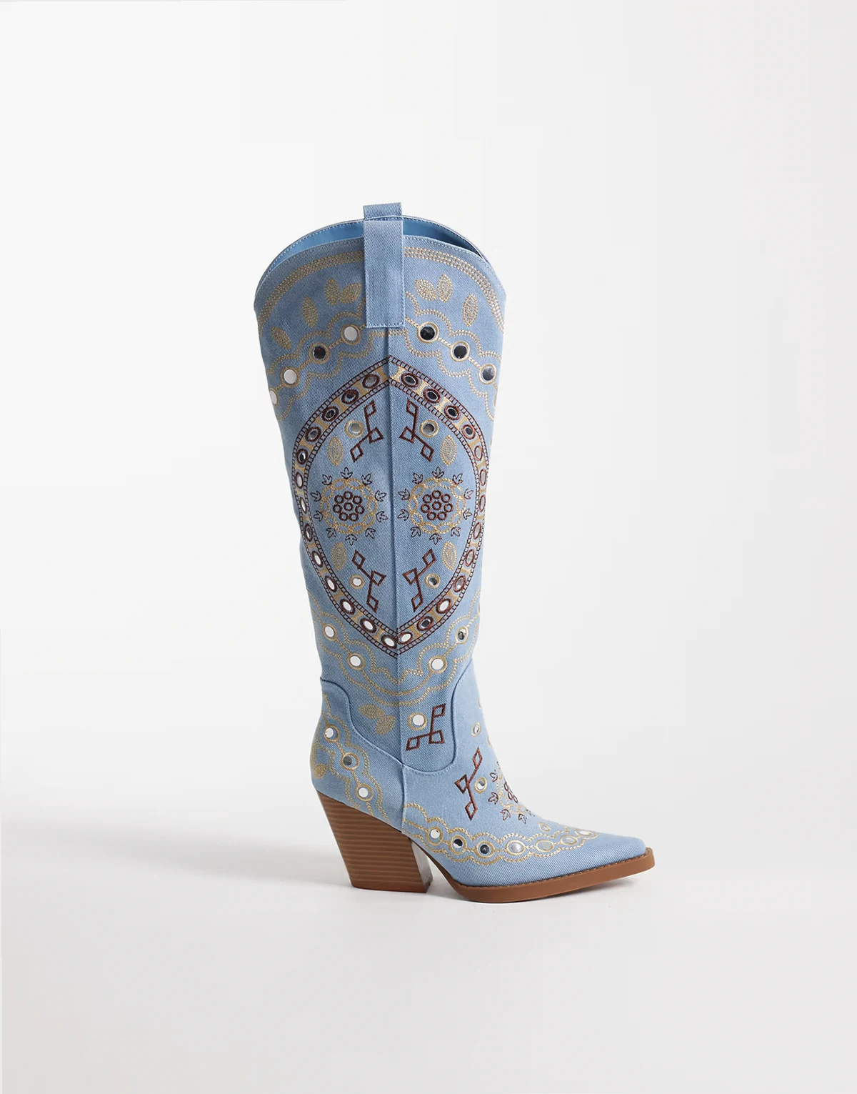 – Aamina – Verzierte, kniehohe Westernstiefel in Jeansblau
