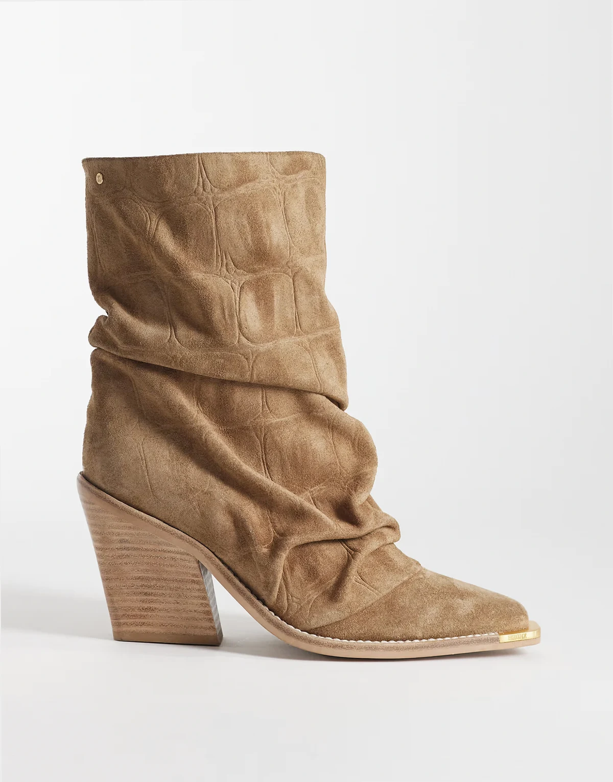 New Kole slouchy heeled cowboy boots in croc-embossed natural suede