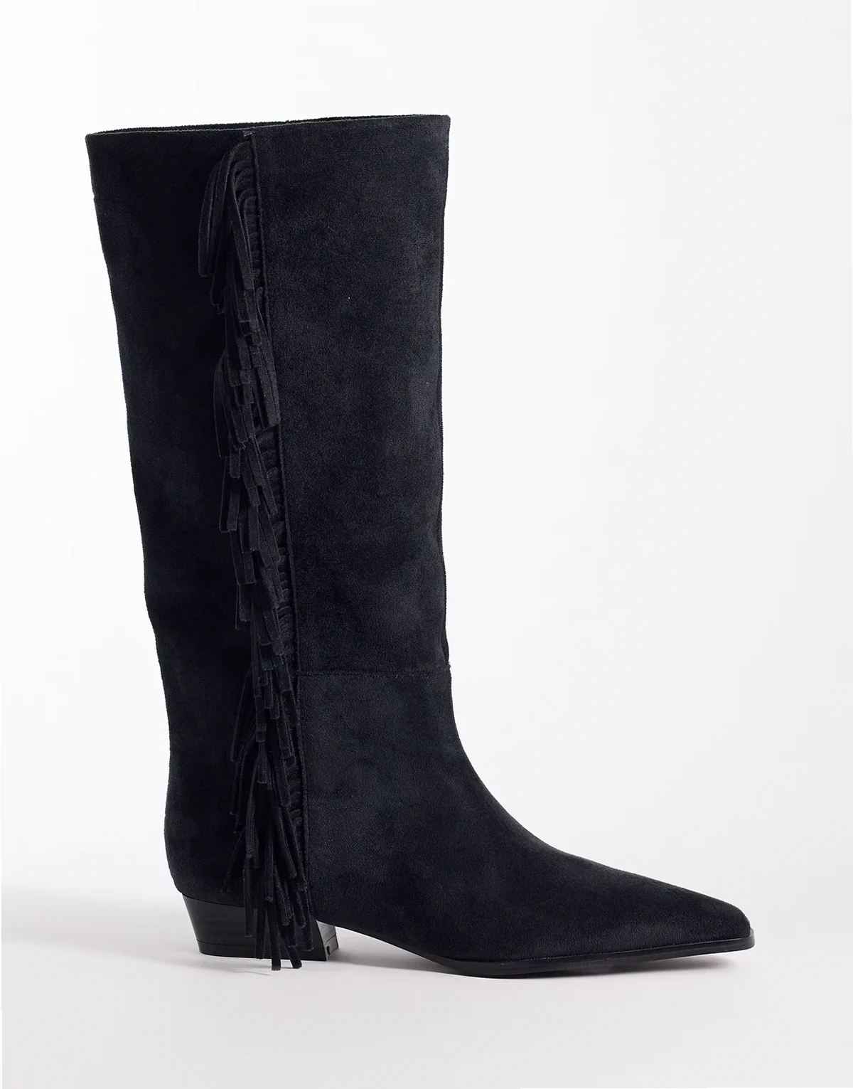 Cressida pull on fringe flat knee boots in dark charcoal