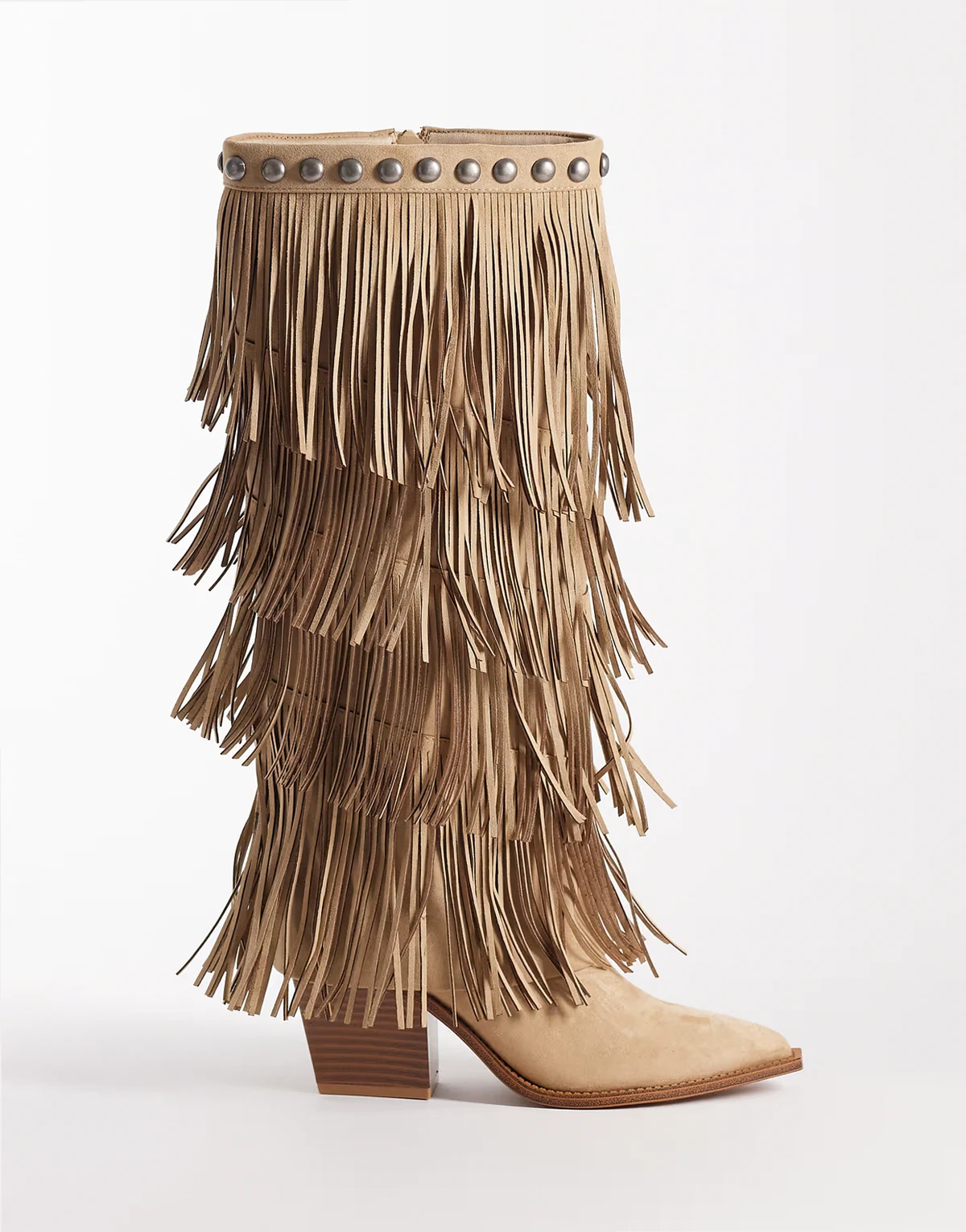 – Christine – Kniehohe Stiefel in Sandbeige mit Fransen
