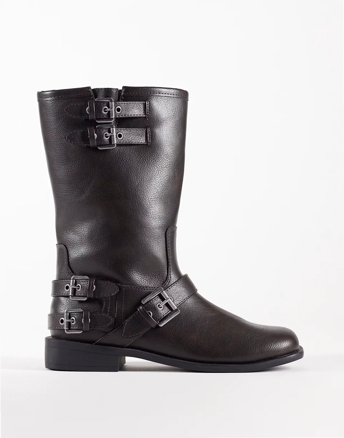 Wide Fit – Asher – Flache Biker-Stiefel in Braun poliert, breite Passform
