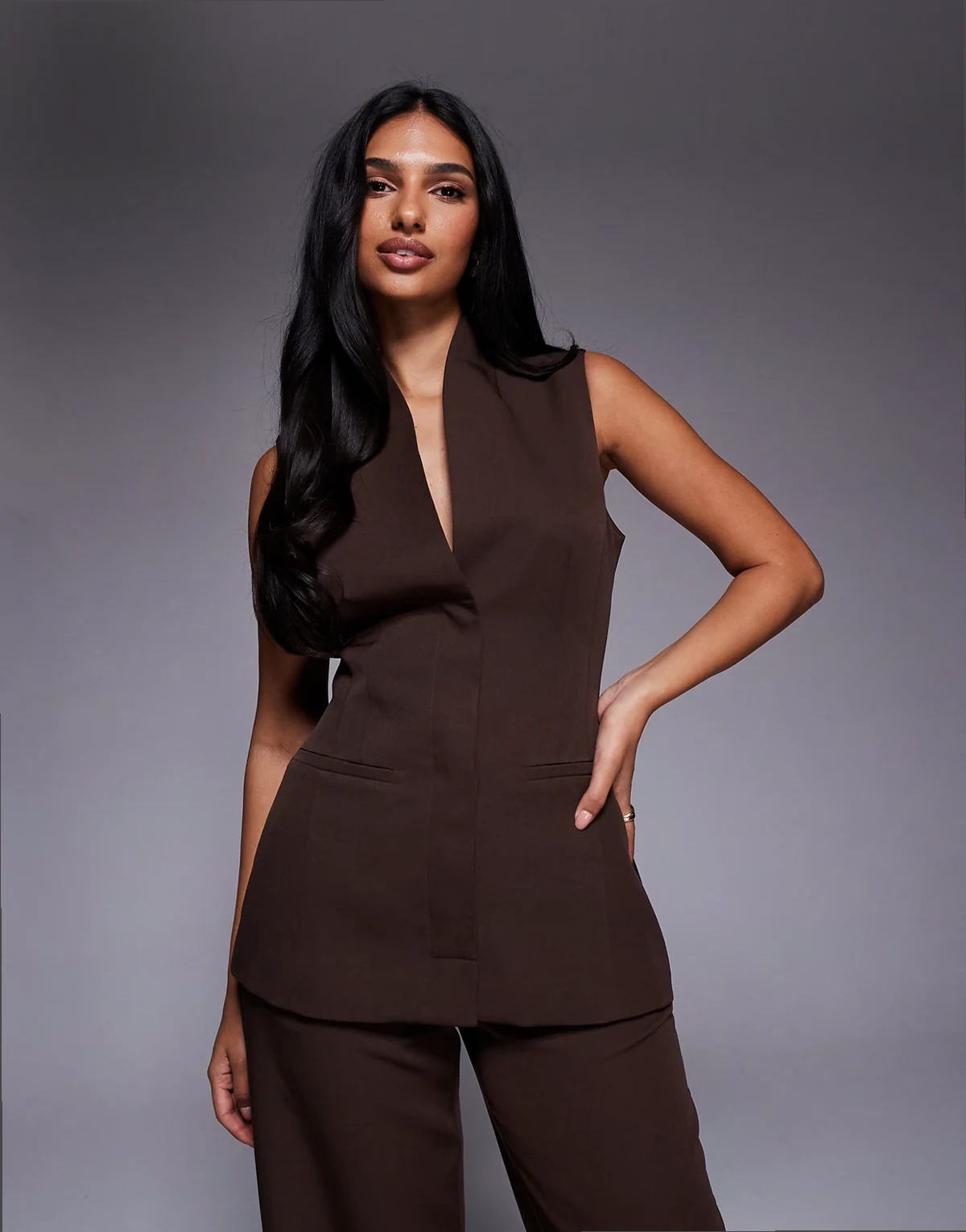exclusive tailored sleeveless longline vest top in brown - part of a set