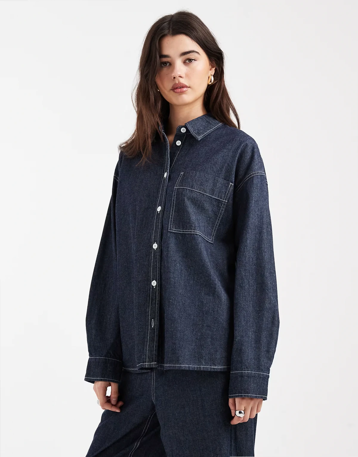 buton down denim top in rinse denim - part of a set