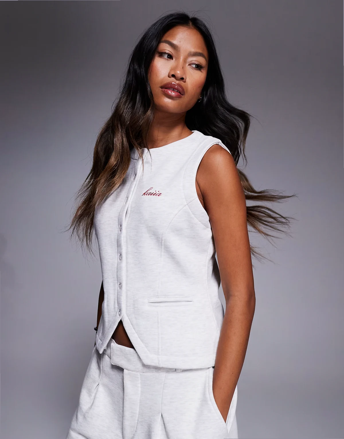cotton rich embroidered logo button up vest in gray heather - part of a set