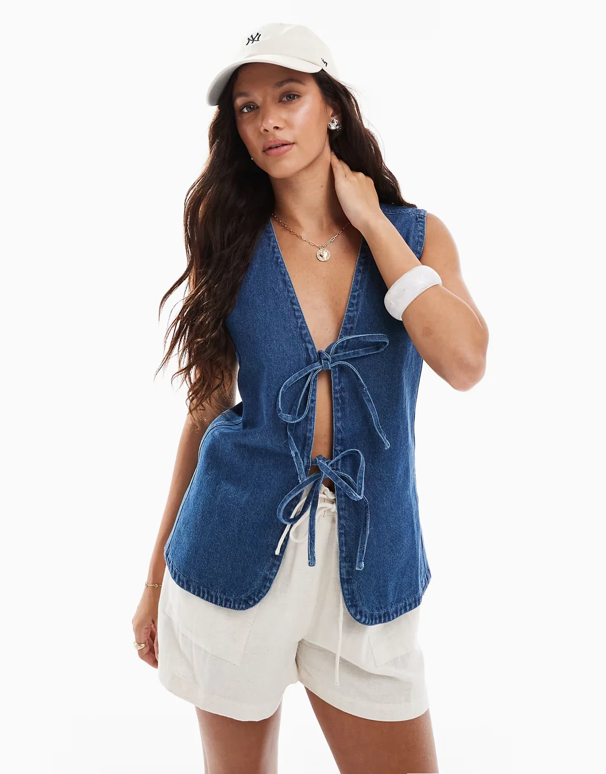 longline cotton denim vest with tie front in blue