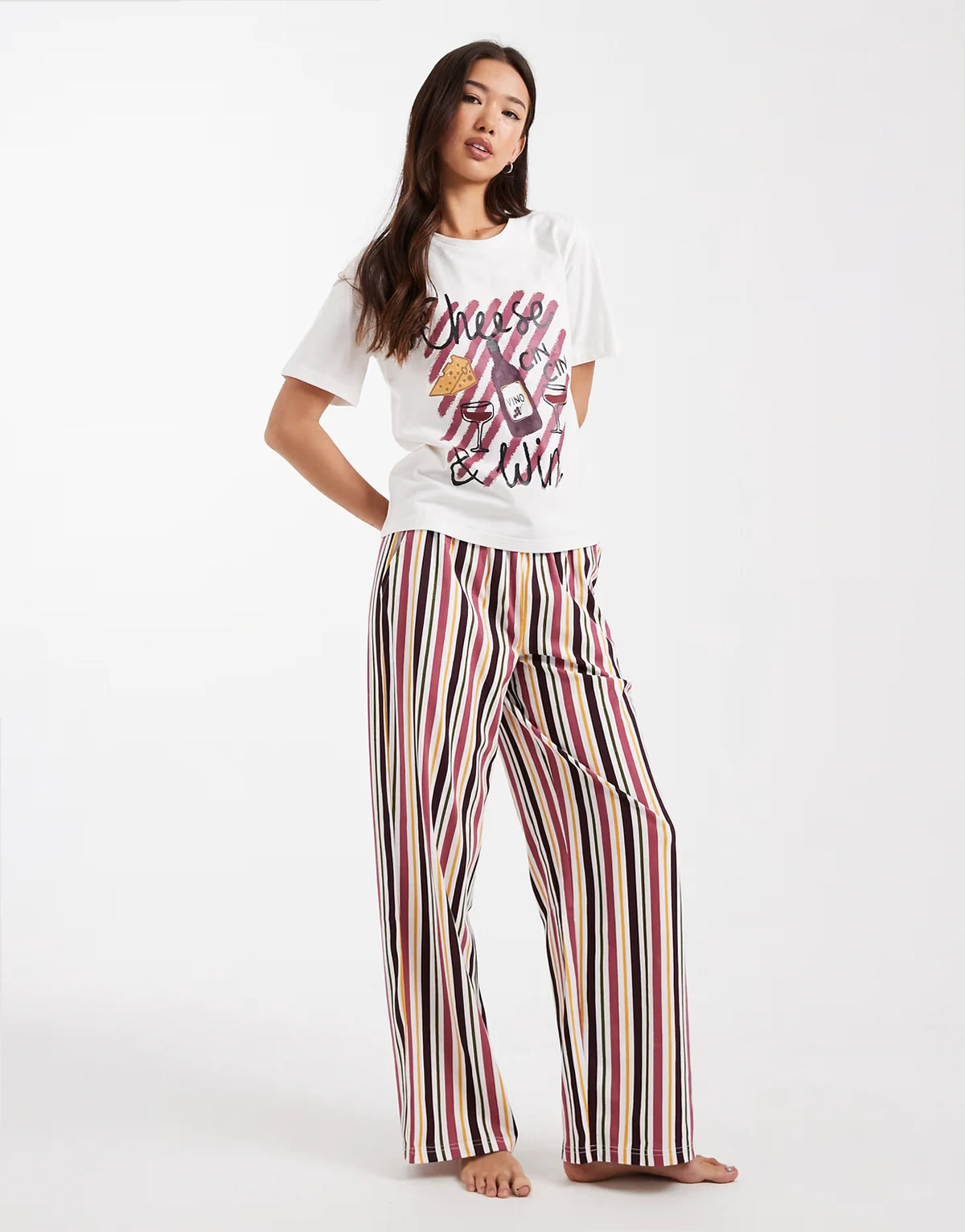 short sleeve cheese print pajamas with multi stripe pants