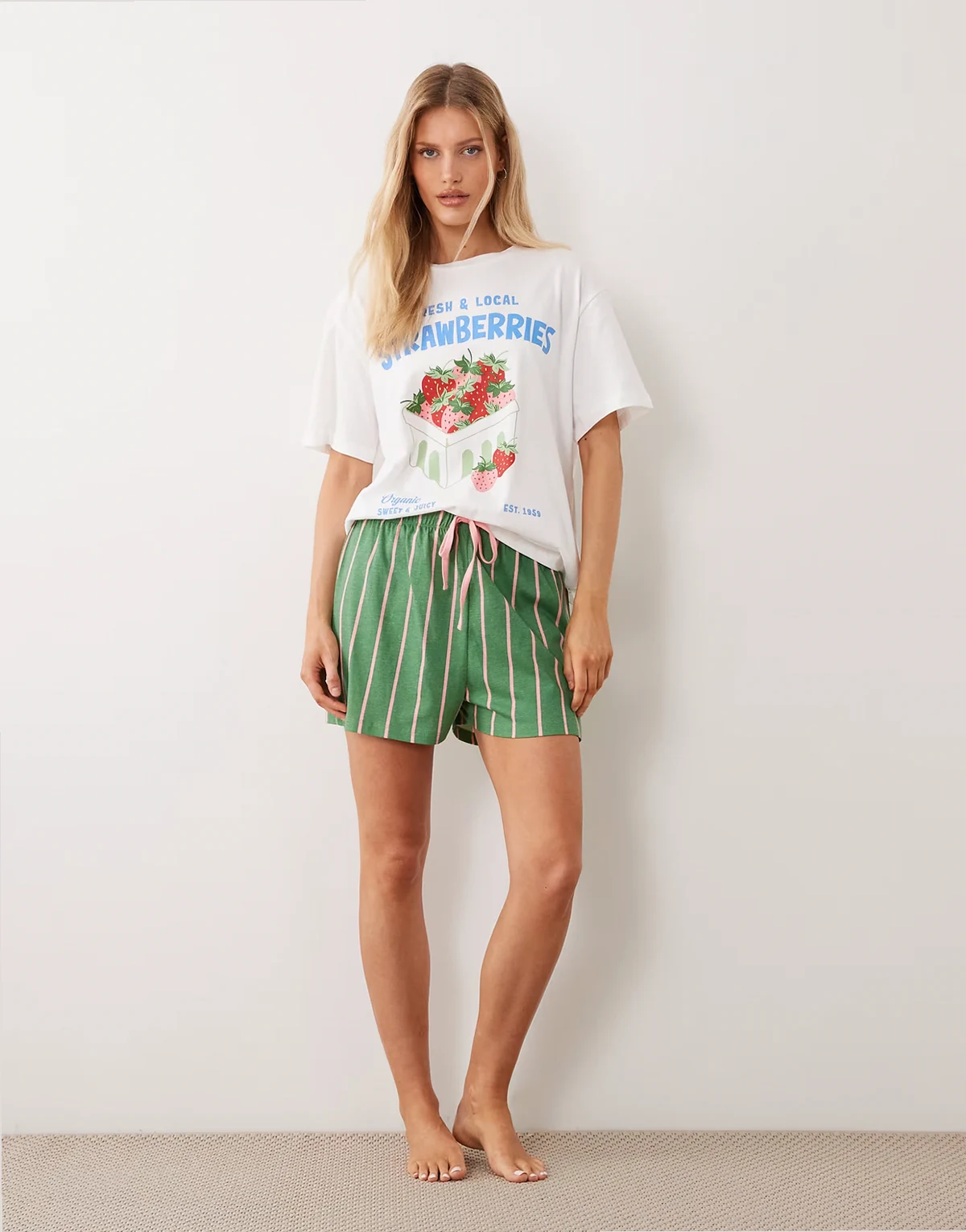 strawberry oversized tee and striped shorts pajama set in cream