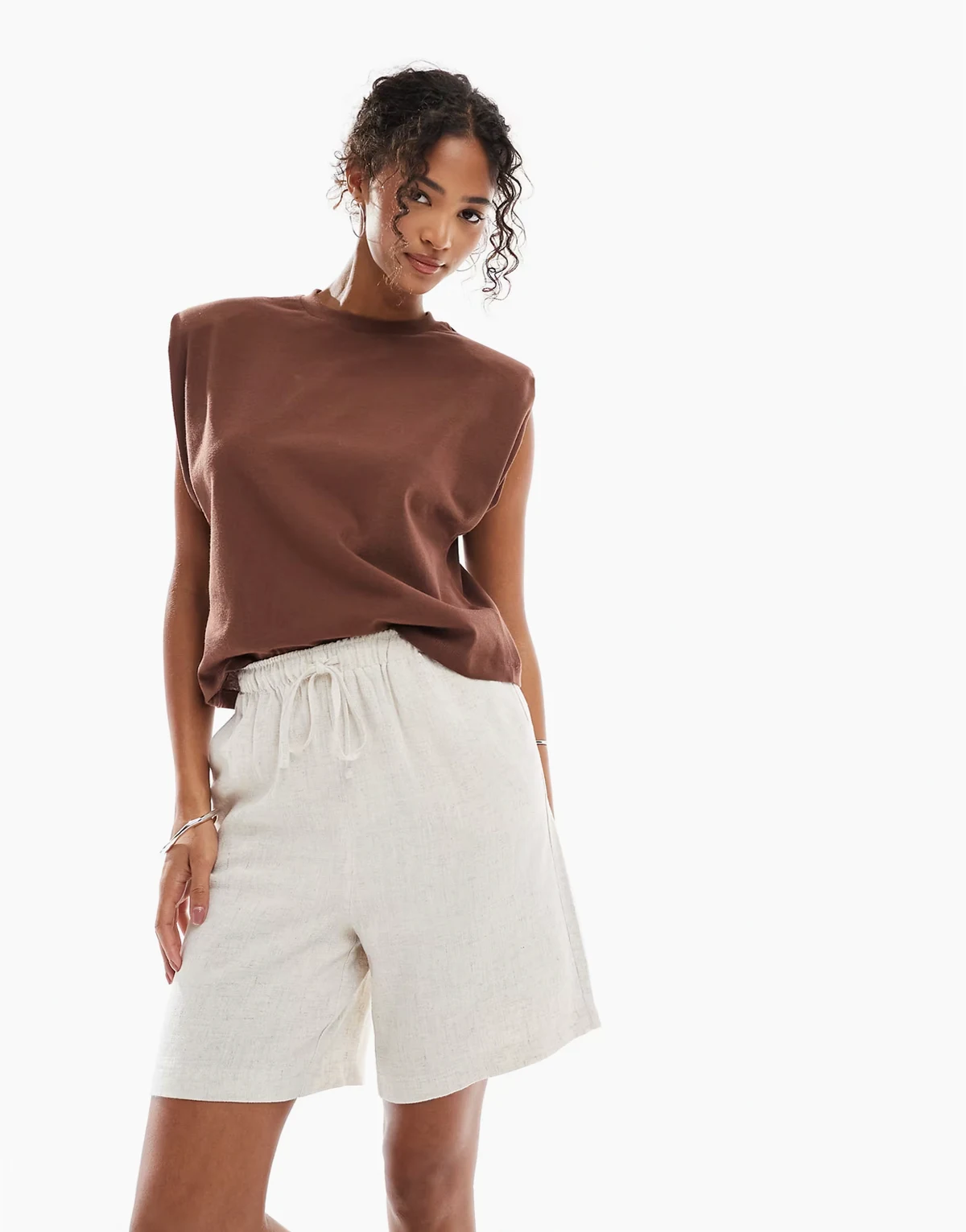 linen blend pull on shorts in beige - part of a set