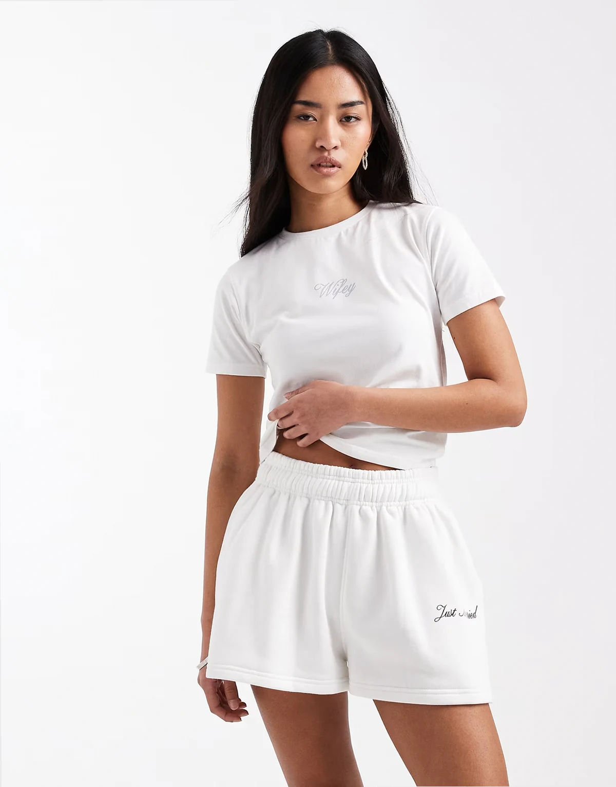 Bridal script 'just married' sweat shorts in white - part of a set